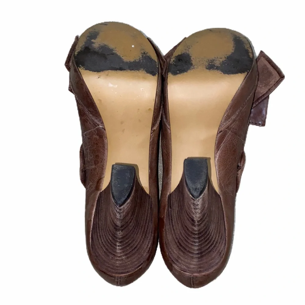 Miss Albright Brown Leather Bow Peep Toe Heels sz 7.5